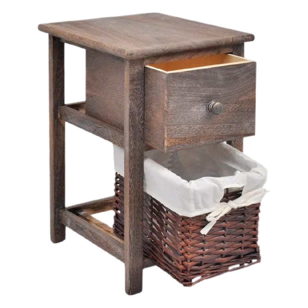 **Table de chevet en bois avec tiroir et panier de rangement**