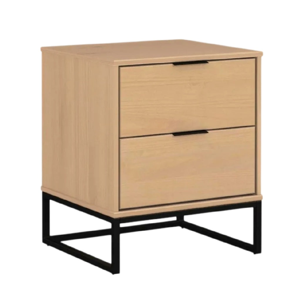 **Table de nuit en bois avec tiroirs et base en métal**