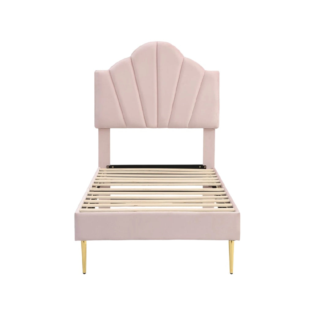 **Lit moderne à tête de lit design en simili cuir rose avec sommier en lattes**